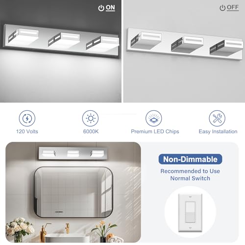 Image of LED Modern Bathroom Light Fixtures, 3-Light 24-Inch Chrome Vanity Lights for Bathroom Lighting Fixtures Over Mirror, 6000K Cool White 350 Rotatable Wall Lamp