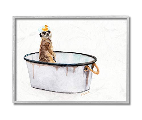 Image of 'Meerkat Bubble Bath Vintage White Tin Tub'| Framed Giclee Art | Stupell Industries | Gray, 20 x 16 Inches, Easy to Hang and Sturdy, Made in USA, by Jennifer Redstreake