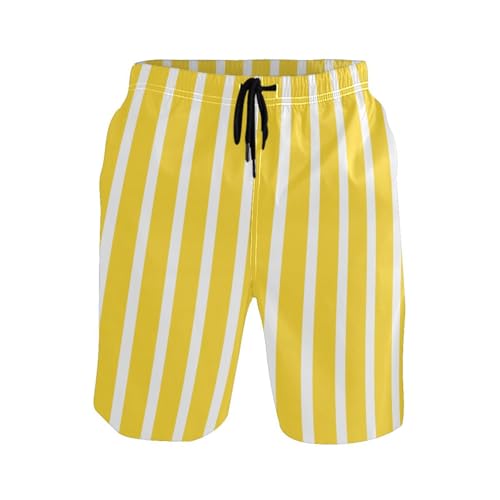 Mens Swim Trunks Yellow and White Striped Quick Dry Swim Shorts Swimwears - Medium