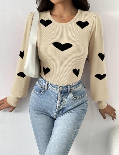 Zeagoo Women 2025 Long Puff Sleeve Sweater Fall Slim Fit Pullover Tops Crewneck Ribbed Knit Bodysuit Jumpsuit S-XXL4