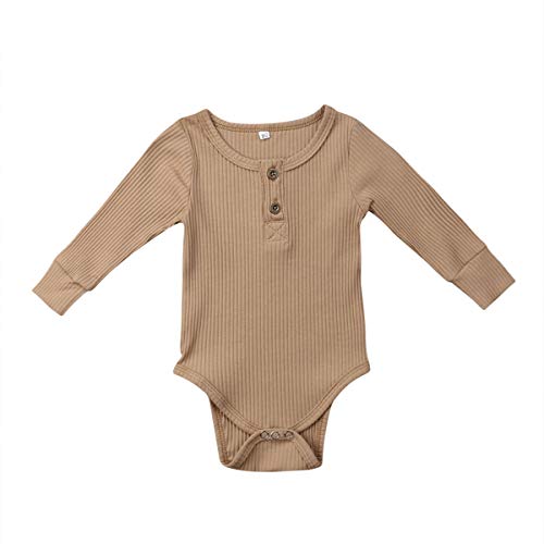 Seyurigaoka Newborn Unisex Baby Solid Onesies Basic Plain Rib Stitch Long Sleeve Bodysuit Clothes for Infant Boy Girl Khaki