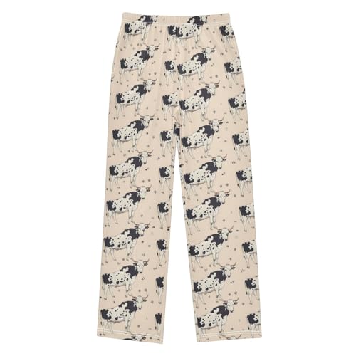 Cow Hand-painted Illustration Pajamas Bottoms with Pockets Comfy Pjs Sleepwear Elastic Waistband Pajamas Pants Lounge Pants for 6-14 Years