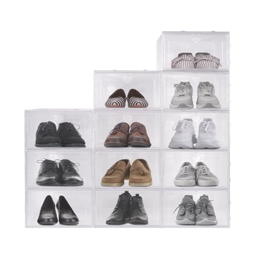 Schoenendozen, 12 stuks opbergdozen voor transparant kunststof, stapelbaar, containers met deksel voor vrouwen/mannen (34 x 24 x 14 cm)