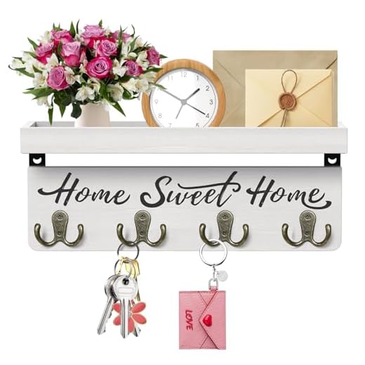 buways Wall-Mounted Key and Mail Holder, Wooden Key Rack with 4 Double Key Hooks, Rustic Home Decor for Entryway(White)