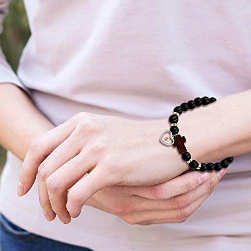 Image of Uloveido Black Agate Side Cross Bracelet Mustard Seed Charms, Personalized Letter A-Z Tiger's Eye Bangle Y944