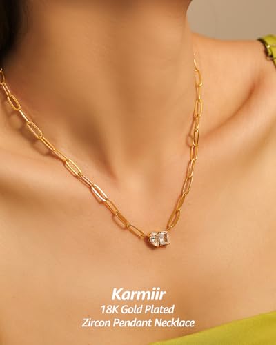 Women's Necklace 18K Gold Plated Paperclip Chain with Square & Teardrop Zircon Gemstones Pendant, 15.7"+2" Adjustable Elegant & Sweet Dainty Jewelry for Everyday Wear4