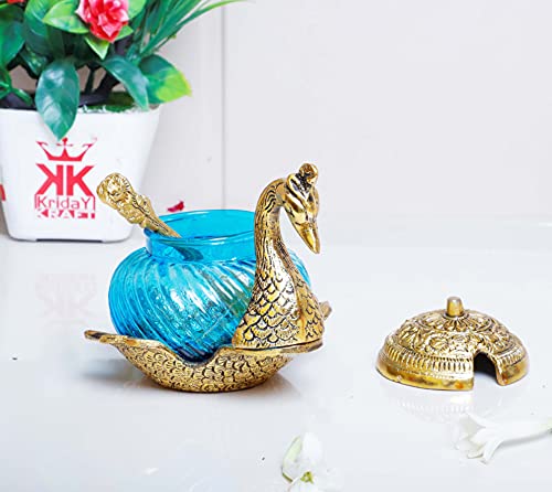 KridayKraft Cuenco de cristal con forma de pato de metal con cuchara para saunf supari y bandeja de frutas secas, decoración de mesa de oficina en casa y artículo de regalo, pieza decorativa para