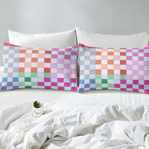 Image of Colorful Buffalo Plaid Bed Sheets King Geometric Grid Checkered Sheet Set Rainbow Ombre Checkerboard Bedding for Kids Boys Girls Women,Groovy Aesthetic 1 Fitted Sheet 1 Flat Sheet 1 Pillow Case