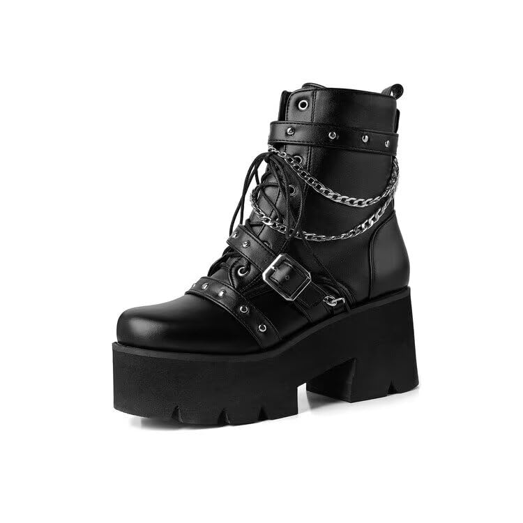 Buckle Chain Punk Boots Goth Lace Up Studded Zipper Chunky Heel Wedge Platform Ankle Short Biker Booties2