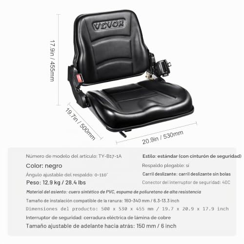 Miniatura 7 de Vevor Asiento Universal Para Carretilla Elevadora, Asiento Plegable Para Tractor Con Respaldo Ángulo Ajustable, Cinturón De Seguridad Retráctil, Asiento Para Carretilla Elevadora De 6 Ranuras