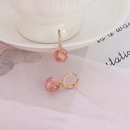 Ideajoy Pink Flower Hoop Earrings For Women Drop Gold Plated Floral Dangle Statement Earrings Small Ball Crystal Stone Beaded Earrings Rhinestone Wedding Handmade Fashion Jewelry Gift For Girls #TOP3