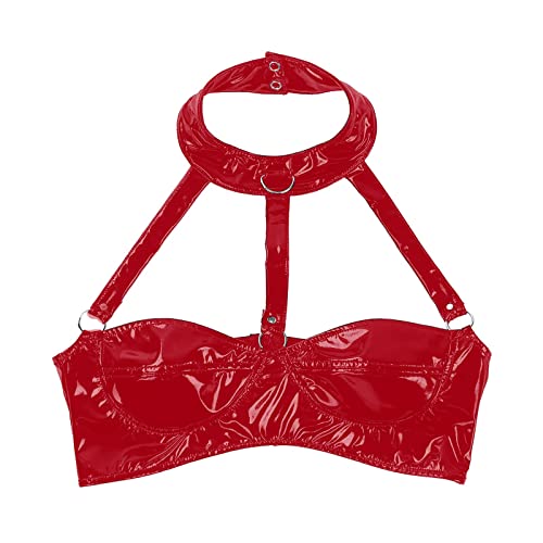 Soutien-gorge halter rouge grand format 3XL en vinyle brillant avec bretelles ajustables