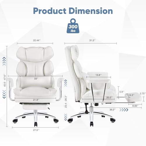 Image of DUMOS Ergonomic Home Office Desk Chair, Executive Chair, PU Leather | Big Tall High Back, Lumbar Support, Reclining Height Adjustable, Computer Gaming, Footrest Swivel Wheels, Snow White