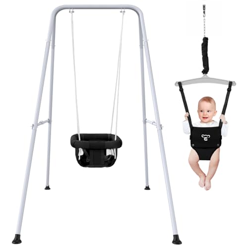 Image of 2 in 1 Baby Jumper with Swing - Indoor and Outdoor Use, Baby Jumpers and Bouncers, Toddler Swing with Foldable Stand（Black）