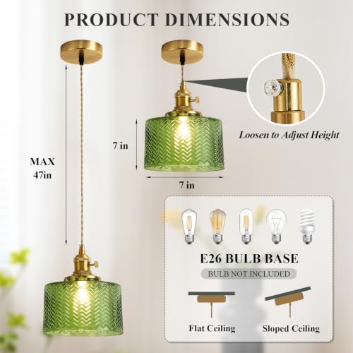Image of Green Pendant Light for Kitchen Island, Modern Gold Hanging Light Fixture with Ribbed Glass Shade Adjustable Mini Chandelier Pendant Lighting for Dining Room Bedroom Foyer entryway 1 Pack