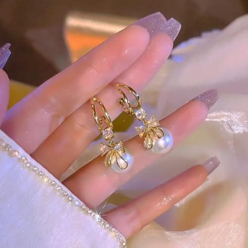 Image of Estailo Fashion Set of 3 Gold-Plated Teardrop Hoop Earrings for Women & Girls | Pearl Beaded Alloy Hoops in Elegant Designs | Stylish Combo for Casual & Special Occasions