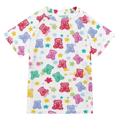 Wudan Colorful Gummy Bears Candies Jelly Sweets Bathing Suit Girls Short Sleeves Rashguard Girls Swimwears Sports Shirts for Youth Boy 4T