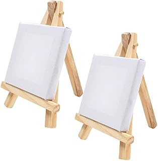 2X Mini Wooden Easels & Canvas - 7cm x 7cm - Table Top Arts & Crafts