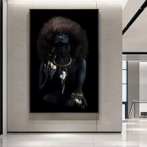 Cheveux Moelleux Noir Africain Femmes Portrait Impressions Sur Toile Bijoux Doré Femme Peintures Affiches Murales pour Salon 20x28in (50x70cm) cadre Cover
