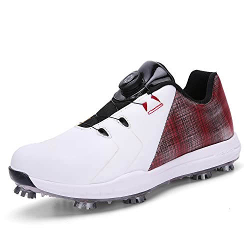 Zapatos de Golf para Hombre y Mujer Zapatillas de Deporte de Golf para Exteriores sin Pinchos con Hebilla Transpirable Zapatillas de Entrenamiento para Correr BlancoRojo EU38 Cover