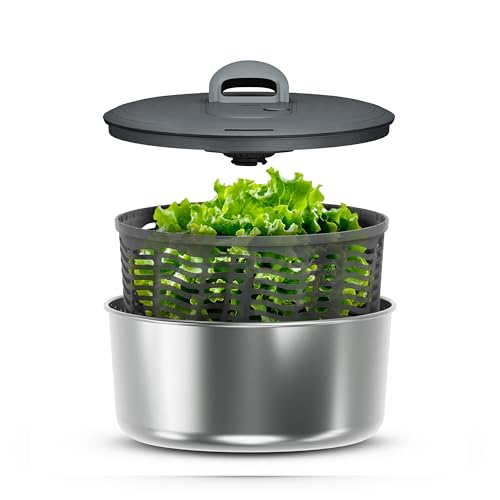 Zyliss Centrifugadora de Ensaladas Easy Spin de Acero Inoxidable Pequeña, 3.5L, Secador de Lechuga con Bomba Manual, Botón de Freno, Base Antideslizante, Apto Para Lavavajillas, Libre de BPA