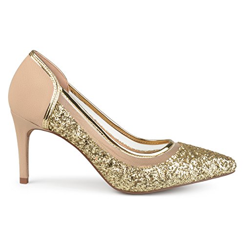 Brinley Co. Womens Kori Faux Suede Mesh Glitter Almond Toe Heels Gold, 8.5 Regular US
