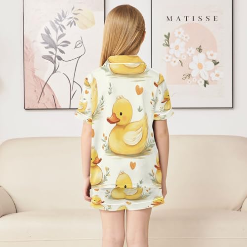 Satin Pajama Sets Short Sleeve Cute Yellow Duck Pattern Button Down Silky Nightwear 2 Piece PJS 5-14Y4