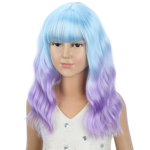 Image of Light Blue Ombre Light Purple Wig for Girls Blue Purle Wig with Bangs Adult Short Wavy Curly Wigs Synthetic Cosplay Hair Wigs
