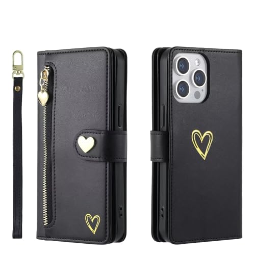 Beajew Hülle für alcatel 3L (2019), 9 Kartenfäche Leder Geldbörse Stoßfest Flip Hülle mit Handschlaufe Standfunktion Reißverschluss Handyhülle Magnetverschluss Wallet,Schwarz