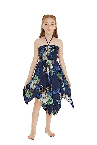 Girl Gypsy Uneven Bottom Hawaiian Luau Dress in Wispy Cereus Black