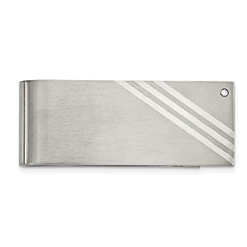 Stainless Steel Sterling Silver Inlay Brushed with CZ Cubic Zirconia Money Clip (25.2mm x 63.6mm)