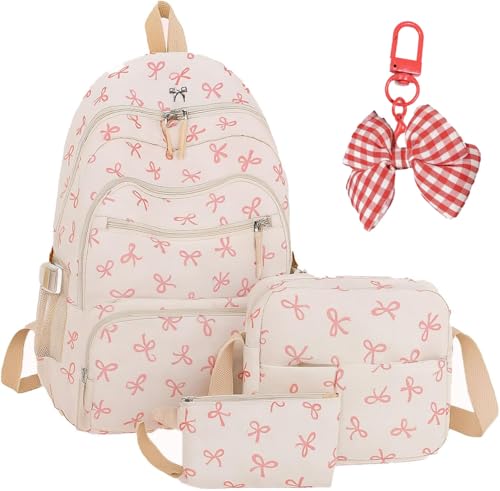 Coquette Bow Backpack – Cute Pink Aesthetic Backpack for Girls, Kawaii Preppy Style 3Pcs Set (White Pink)