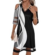 RoseSeek Women's Cut Out Mesh Cold Shoulder Short Dress V Neck Color Block Tee Dress Casual Summe...