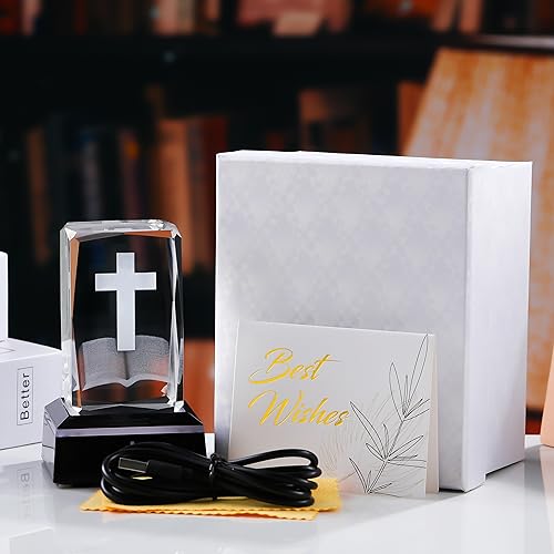 Image of Qianwei 3D Crystal Cross Bible Figurine with Colorful Light Base, Laser Engrave Religious Gifts for Women Man Christian Gifts for Friend Sister