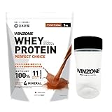 WINZONE（ウィンゾーン）ホエイ プロテイン パーフェクトチョイス 1kg 【シェイカー付き】 マイルドチョコ風味 国内製造 11種ビタミン 4種ミネラル モンドセレクション最高金賞 日本新薬