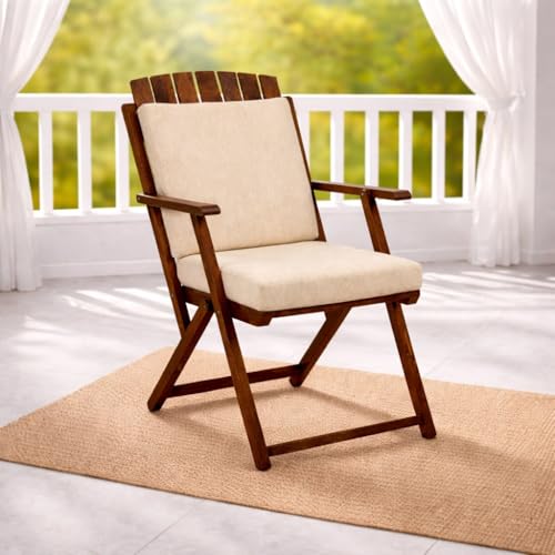 Image of WELL KNOWN Foldable Wooden Outdoor Chair with Cushioned Seat & Backrest - Patio Garden Armchair with Cream Paisley Fabric, Space-Saving Design, 34 Inch Height, Natural Finish