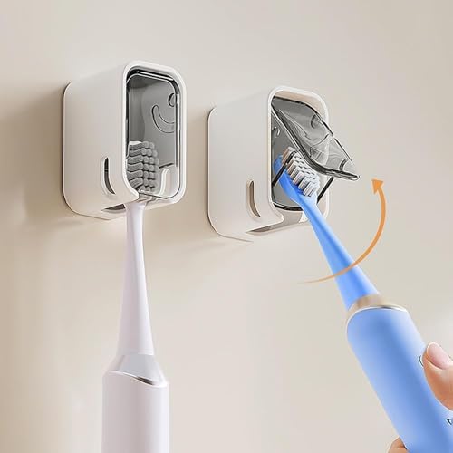 Image of Wall Mounted Toothbrush Holder with Dustproof Cover & Clear Window, Bathroom Toothbrush Organizer Stand for Toothpaste Storage Home Use (Pack of 2)