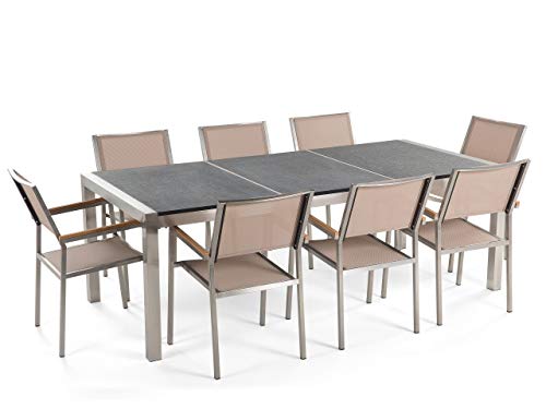 9 Piece Outdoor Dining Set Black Flamed Granite Table and Beige Fabric Chairs Grosseto