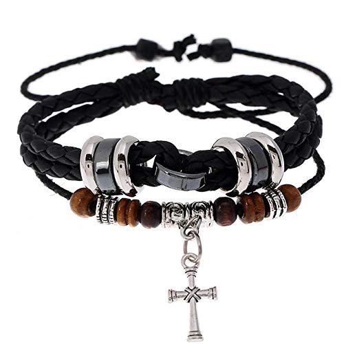 Bracelet en cuir vintage multicouche noir tressé avec croix perlée pour femme