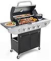 4-Burner 46500 BTU Propane Gas Grill - 457 sq. in. Stainless Steel BBQ with Porcelain Cast Iron Grates, Side Burner & Warming Rack - Easy-Clean Design with Prep Table & a Side Burner (Black/Silver)
