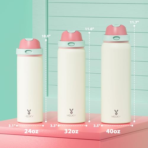 Image of 32 oz Insulated Water Bottle with Straw: Meoky Stainless Steel Metal Water Bottle with 2-in-1 Lid - Leak Proof, Cold for 24 Hours, Protective Silicone Base, BPA-Free for Sports Gym, Cream