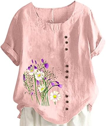 Women Floral Print Linen Shirts Short Sleeve Gauze Tops Loose Fit Cotton Blouses Trendy 2024 Clothing