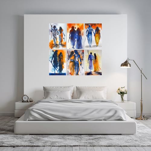Image of SiddArtify Ramayana Watercolor Art Print Set - Blue - Orange - Gold - 300GSM Board - 12x18 Inch - Pack of 6 Wall Room Decoration art Poster Prints
