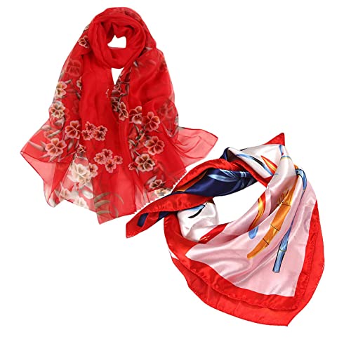 TianWlio Fleurs imprimées au Chiffon crème Solaire Foulard en Soie et Longues Dames Foulard Shawl à Double Usage Rideau (Red+Red-b, One Size)