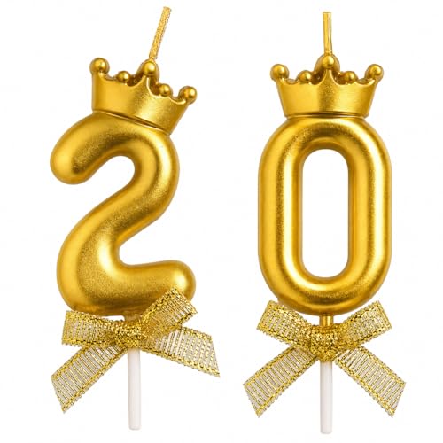 Image of Gold Crown Number 20 Birthday Candle for Cake Decoration | Premium Metallic Gold Anniversary & Birthday Cake Topper Candle Set for Women, Girls, Couple Celebration Party Decor, 2 pcs