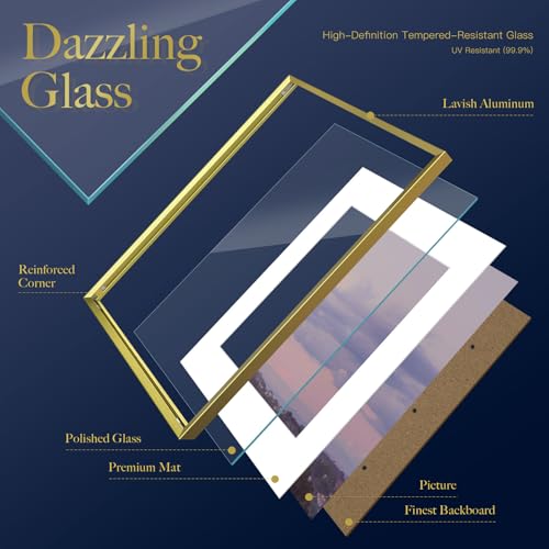 Image of VCK 12x16 Gold Metal Picture Frame 6 Pack, Aluminum Frame with Tempered Glass, Fits 8.5x11 with Mat and 12x16 Without Mat, Vertical Horizontal Wall Mount