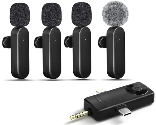 Gicorino Wireless Lavalier Microphones Compatible for iPhone, Android Phone, Camera, Computer, Professional Wireless Mini Microphone for Video Recording, Vlog, YouTube, TikTok (4 Mics)