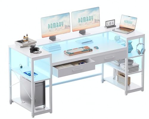 Image of Pamray 58 Inch Computer Desk with Monitor Stand and Shelves Gaming Desk with LED Lights & Power Outlets PC Vanity Table with 2 Drawers for Home Office White