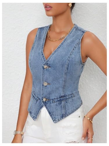 MakeMeChic Women's Jean Vest Top Y2k V Neck Sleeveless Denim Top Single Breasted Crop Jacket Cowboy Chic3