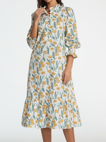 Women Fall Dresses 2025 Casual Puff Long Sleeve Mock Neck Midi Dress Floral Long Dress3